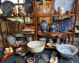 Family Room - Case Table 
Blue/White pieces, glass flower frogs, vintage children’s books 
