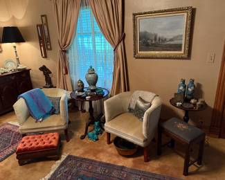Formal Living Room 
Pair of side chairs 
Needlepoint bench
Tufted ottoman 
Pie crust tables
Cloisonné, copper bowl