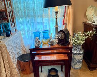 Formal Living Room 
Nesting tables
Copper pail
Blue & White vest
Blue glass vases
Clock