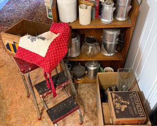 Studio
Coffee pots
Stool
Oyster blender with attachments
Enamel pail