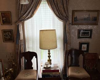 Library 
Needlepoint chairs-4 matching 
Brass lamp