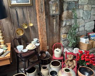 Family Room 
Stoneware crocks/jugs
Pottery vases/planters
Brass ladles