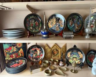 Library 
Russian plates
Brass trinkets
Bottles from Russia