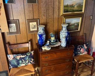 Downstairs Hallway 
Small chest of drawers 
Thumbnail chairs
Blue & white pieces