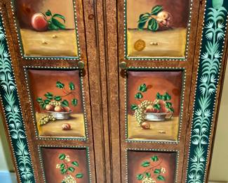 Cabinet - painted panels with fruit, motifs, peaches, grapes, pears, pomegranates, and still life composition