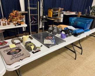 outdoor sign, horse shoe set, trail cam, grill grates, weights,