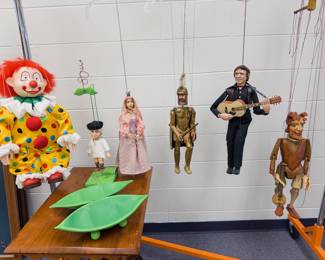 Clown marionette, Johnny Pea with Pea Pod open for storage, Princess, Prince, Johnny Cash, Jester