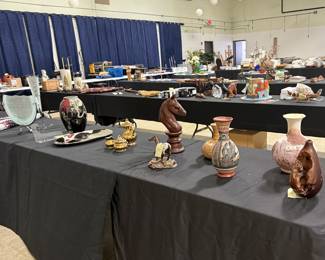 Handmade pottery items, Bavaria gold porcelain teapot, creamer, sugar bowl set; glass & iron vases