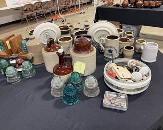 Vintage glass insulators, door knobs, keys, stoneware jugs