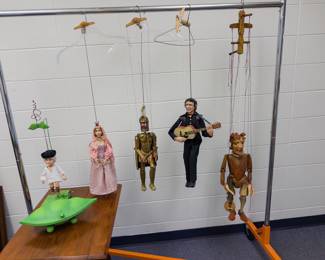 Handmade marionettes by well known Slovak artist Karol Krcmar.  L to R: Johnny Pea (has music box) & pea pod storage box, Princess, Knight, Johnny Cash, Jester
