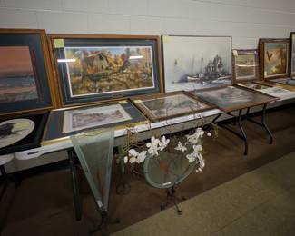 Many artwork pieces, wide variety.  Large glass & iron vases