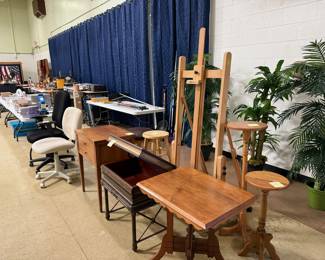 victorian table, Stack of Novels wood library side table, Kenmore cabinet sewing machine, tall faux plants, oak plant stands, easel, wood stools, office chairs, tools
