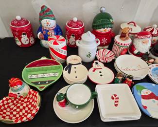 Lots of Christmas Dishes, Cookie Jars, Serving Bowls & Pieces 