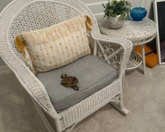 White wicker, rocking chair and side table