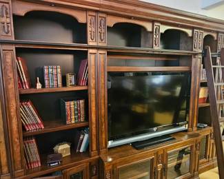 Large entertainment center with book shelves and rolling ladder