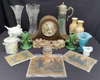 Mantel clock works! Cut glass, ceramics, Wedgwood, Fenton and silhouettes.