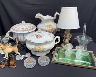 Chamber pots, pitcher, the other Hummels lamp, dresser set and figurines.