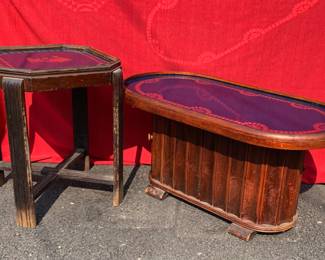 Late Art Deco blue mirrored glass end table and coffee table (liquor storage underneath)