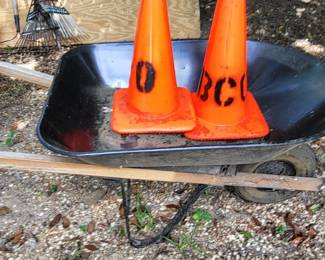 Wheelbarrow and safety cones