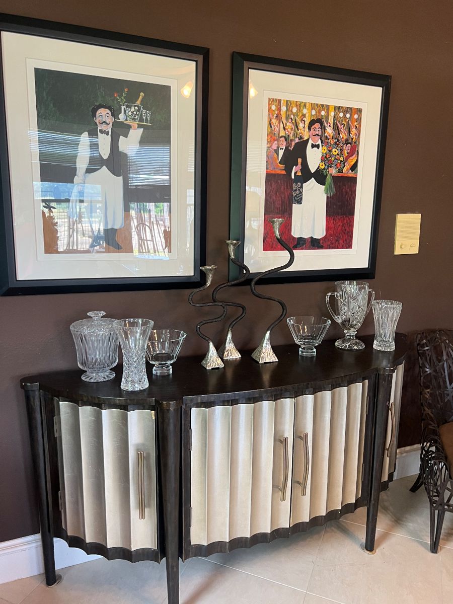 Guy Buffet signed lithographs, designer console, candlesticks and crystal