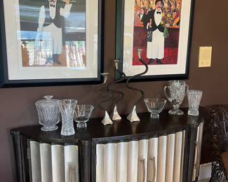 Guy Buffet signed lithographs, designer console, candlesticks and crystal