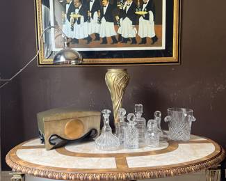Amazing Hollywood regency style marble coffee table, crystal and glass decanters, Guy Buffet lithograph signed