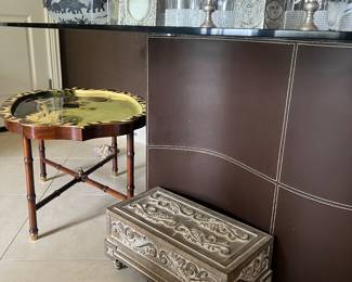 Chinoiserie tray table, Maitland Smith box, Italian desk with thick glass top