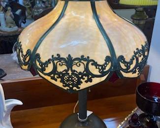 Brass Parlor Lamp w/Slag Glass Shade