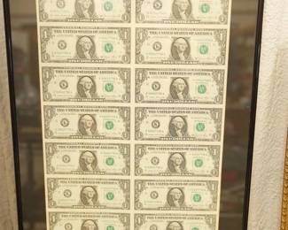Framed 16,1 dollar bills repeating serial
