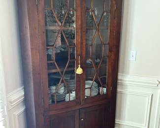 Vintage Corner Cabinet with  Mullioned Glass Panes in a Diamond Lattice Design