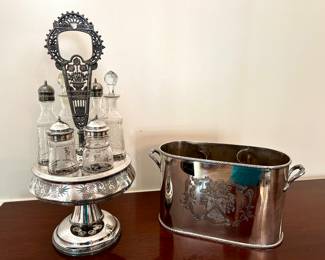Victorian Silver-Plated Cruet Castor Set, Silver-Plated Wine or Champagne Bottle Holder 