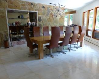 Amazing mid-century set of 10 Arne Jacobsen for Fritz Hansen High Oxford dining chairs and large mid-century burl wood dining table