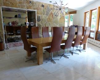 Amazing mid-century set of 10 Arne Jacobsen for Fritz Hansen High Oxford dining chairs and large mid-century burl wood dining table