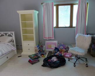 Bookcase, desk chair, misc. stuff