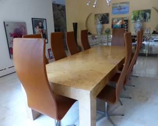 Amazing mid-century set of 10 Arne Jacobsen for Fritz Hansen High Oxford dining chairs and large mid-century burl wood dining table