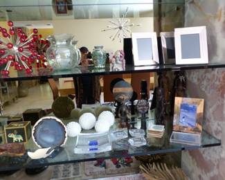 Geode, African statues, picture frames