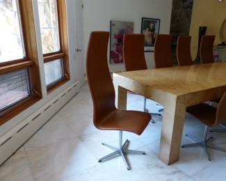 Amazing mid-century set of 10 Arne Jacobsen for Fritz Hansen High Oxford dining chairs and large mid-century burl wood dining table
