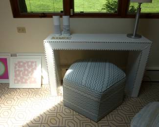 White console table with nail head trim, fabric ottoman