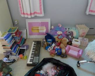 Bookcase, desk chair, misc. stuff