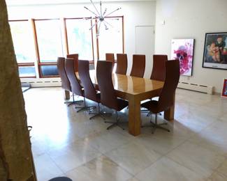 Amazing mid-century set of 10 Arne Jacobsen for Fritz Hansen High Oxford dining chairs and large mid-century burl wood dining table