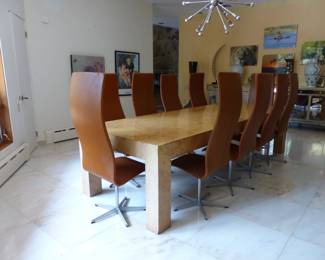 Amazing mid-century set of 10 Arne Jacobsen for Fritz Hansen High Oxford dining chairs and large mid-century burl wood dining table