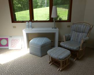 Glider with ottoman, white console table with nail head trim