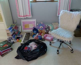 Bookcase, desk chair, misc. stuff