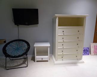Tall dresser/chest, night table, dish saucer chair, TV