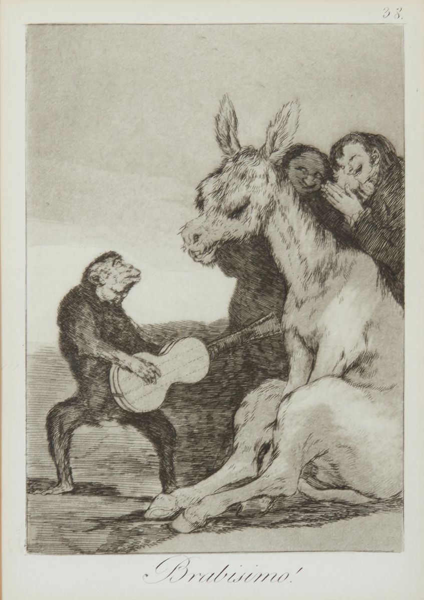 1
Francisco Goya
1746-1828, Spanish
"Brabisimo!," plate 38 from "Los Caprichos," circa 1799
Etching and aquatint in gray/brownish-black ink on sturdy off-white wove paper without watermark
Presumably from one of the later editions (at least 12 separate editions were printed between 1799 and 1937)
Unsigned as usual; with the title and plate number etched in the plate outside the image
Image: 7.5" H x 5.125" W; Plate: 8.125" H x 5.5" W; Sheet: 10.875" H x 7.5" W
Estimate: $300 - $500