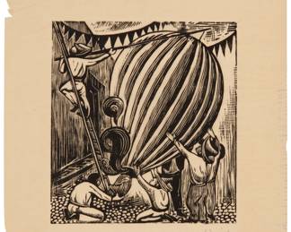9
Leopoldo Méndez
1902-1969, Mexican
"El Globo," 1929
Woodcut on tissue-thin paper
From the edition of unknown size on loose sheets (aside from the book edition of 500 for La Corola Invertida)
Signed and dated in the lower margin, at right: L. Méndez / 29; Taller de Gráfica Popular, Mexico City, Mexico; inscribed in pencil in the lower left margin corner: "-7- / A-1100"
Image: 6.75" H x 6" W; Sheet: 9.875" H x 9" W
Estimate: $700 - $900