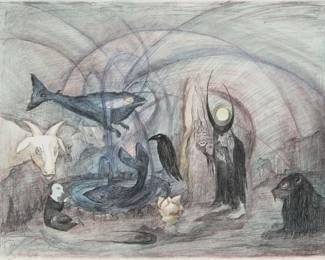 10
Leonora Carrington
1917-2011, British-Mexican
"Crow Soup," 1997
Lithograph in colors on wove paper
Edition: 61/95
Signed, dated, and numbered in pencil in the lower left corner of the image: Leonora Carrington / 97
Image: 18.25" H x 24.125" W; Sheet: 24" H x 31.5" W
Estimate: $1,000 - $1,500