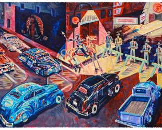 110
Frank Romero
b.1941
"The Closing of Whittier Boulevard," 1990
Screenprint in colors on paper
Aside from the edition of 99
Signed and inscribed in white chalk in the lower left corner of the image: Lucas/FERomero; Modern Multiples Richard Duardo, prntr., and with their blindstamp in the lower right corner of the image
33.75" H x 55" W
Estimate: $1,000 - $1,500