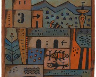 53
Manuel Pailós
1918-2005, Uruguayan
Abstract landscape, 1980
Encaustic on paper mounted to Masonite
Signed upper left: .Pailós; signed again, dated, numbered, and indistinctly inscribed, all verso: 1980 / "No 602"
9.5" H x 7.125" W
Estimate: $1,000 - $1,500