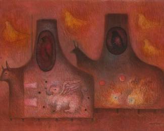 119
Mario Rangel Sanchez
b. 1938, Mexican
Surrealist landscape in red tones, 1967
Acrylic on linen laid to Masonite
Signed and dated lower right: Mario Rangel S. 67; indistinctly inscribed in pencil on the linen overlap, verso
11.625" H x 17.75" W
Estimate: $500 - $700